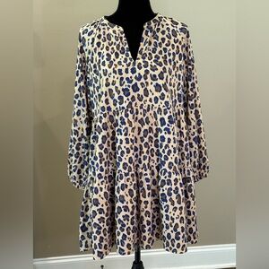Vineyard Vines Cream and Blue Long Sleeve Leopard Print Dress